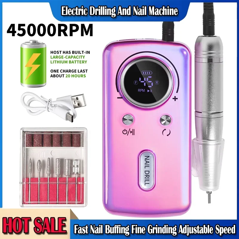 

45000RPM Nail Drill Machine Electric Portable Nail File Rechargeable Nail Sander for Gel Nails Polishing For Home Manicure Salon