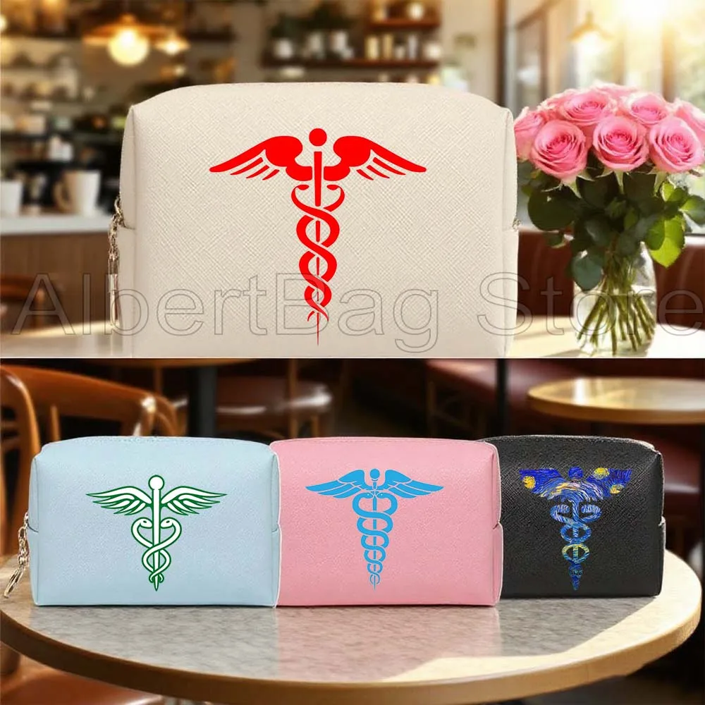 

Caduceus Medical Symbol Medical Doctor Nurse Gifts PU Leather Travel Cosmetic Bag Women Makeup Waterproof Toiletry Storage Bag
