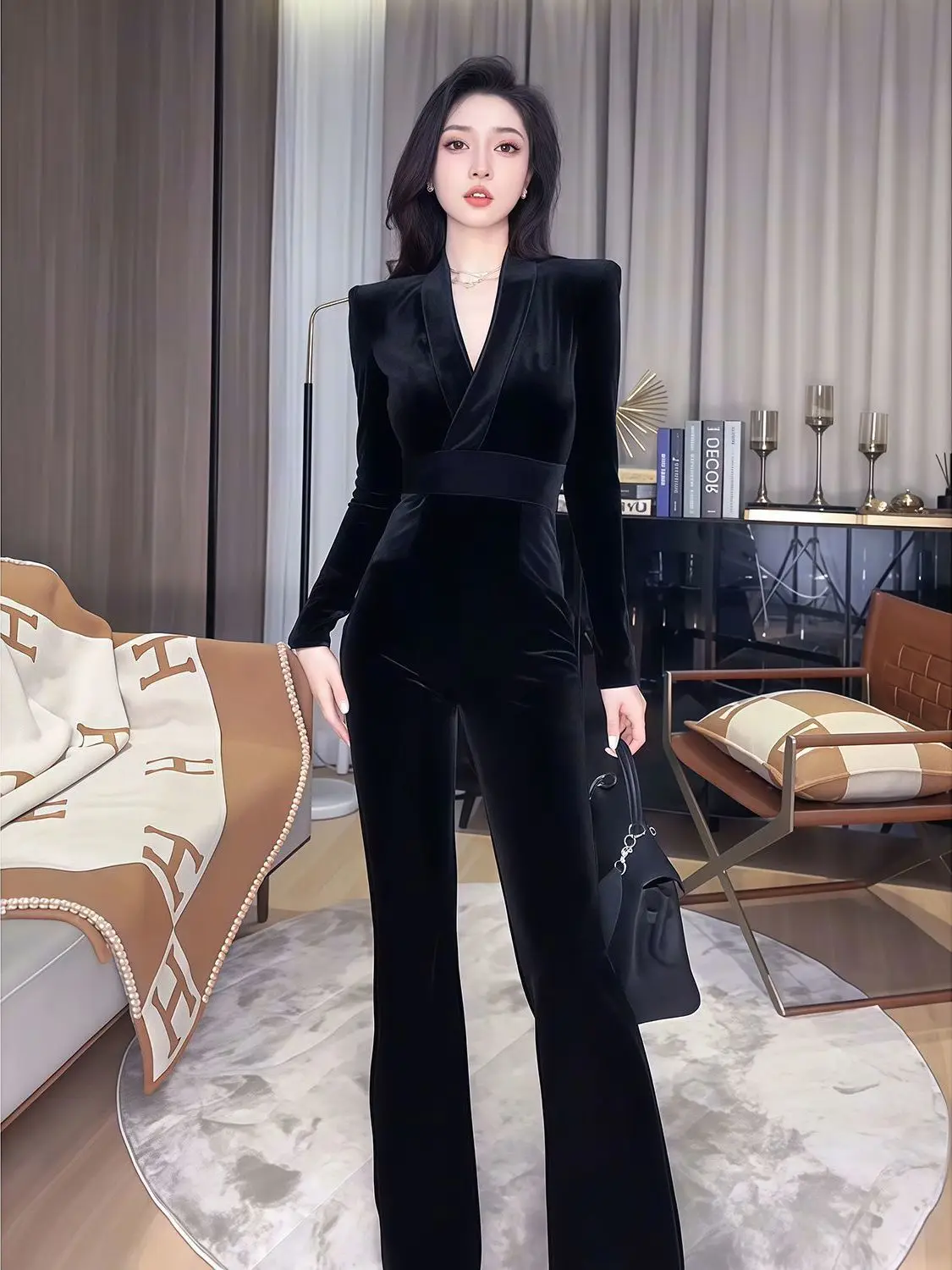 Bla velours combinaison ensemble Faionable jeune Sle automne hiver nouveauté femmes tenue décontracté taille haute coupe ajustée V Ne