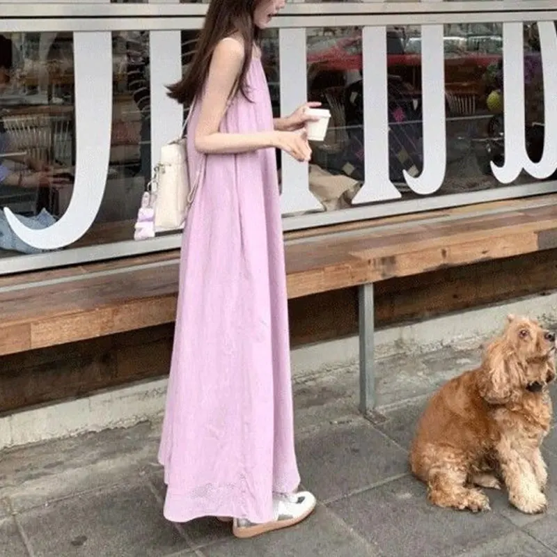

Gentle Purple Halter Sleeveless Loose Slip Dresses Women's Clothing Stylish Backless Summer New Vacation Style A-Line Long Dress