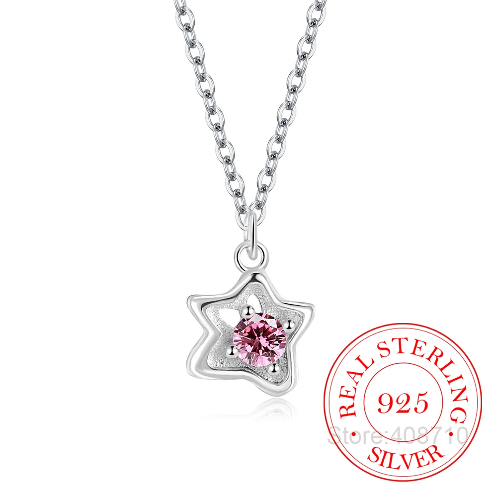 

925 Sterling Silver Jewelry Pink Crystal Star Necklace Pendant for Women Wedding Party Jewelry for Girls Friend Gift