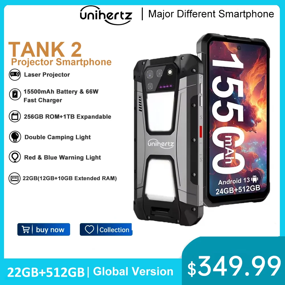 Unihertz TANK 2 Projector phone 22GB 256/512GB 32MP 108MP 64MP Night Vision Double Camping Light 15500mAh G99 Support TF SD NFC