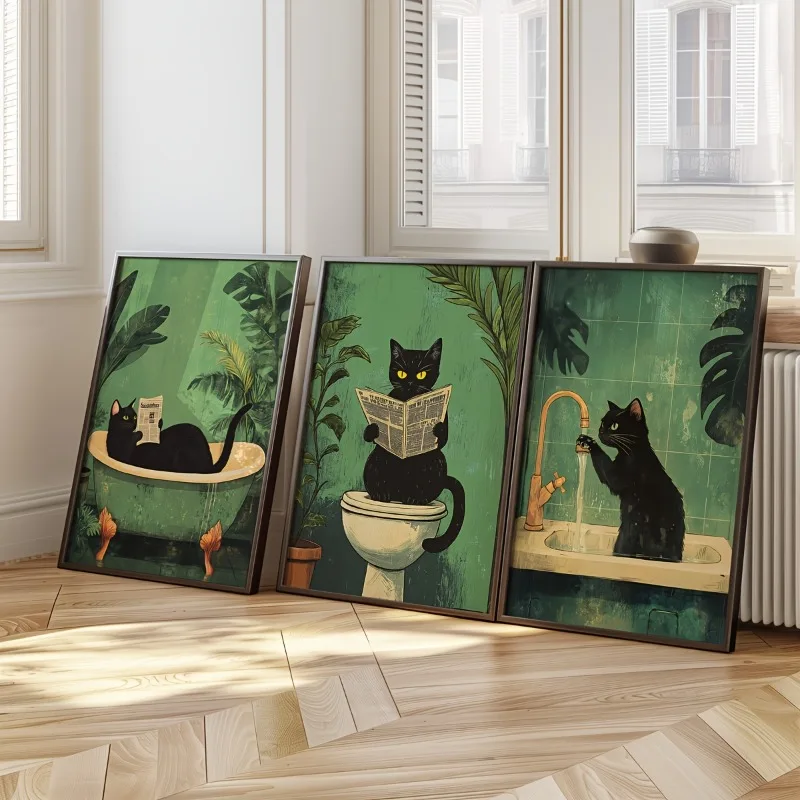 Set aus 3 lustigen schwarzen Katzen-Wandkunst-Leinwanddrucken für das Badezimmer, Vintage-Tier-Toilettenposter, moderne Wanddekoration für den Innenbereich, ungerahmt
