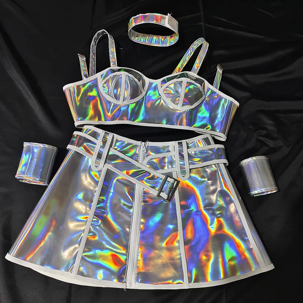 Różowo-Niebieski Laserowy Biustonosz Mini Spódniczka Klubowa Impreza Pokaz Rave Strój Damski Piosenkarka Tancerka Drużyna Seksowny Kostium Sceniczny Nocny Klub