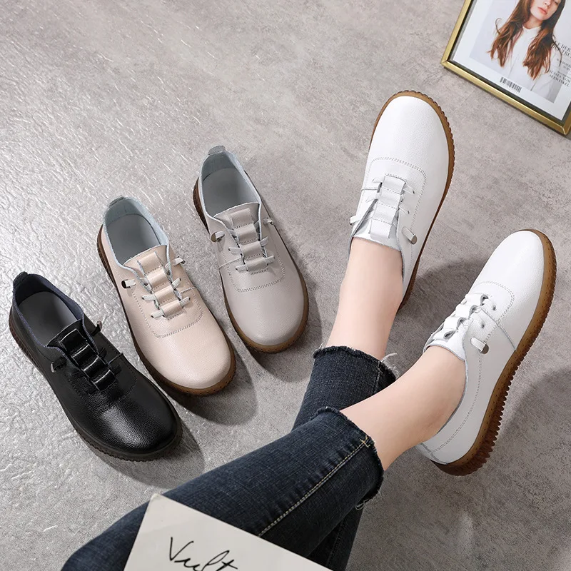 WOIZGIC Ladies Women\'s Female Mother Genuine Leather Vulcanized Shoes Flats Moccasin Loafers Non Slip Lace up Plus Size 41