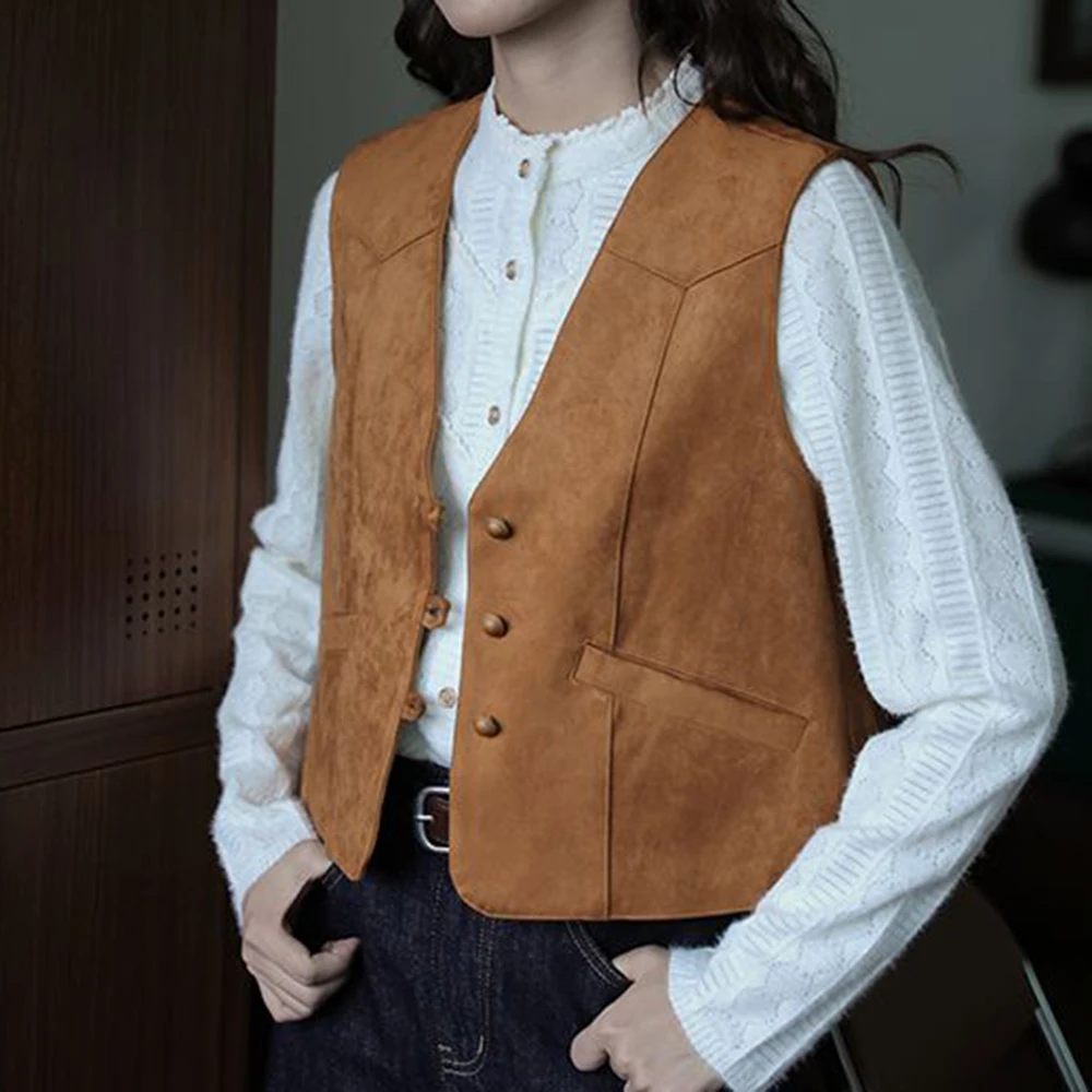 

Fashion retro leather suede vest women's jacket V-neck autumn and winter new thin design top