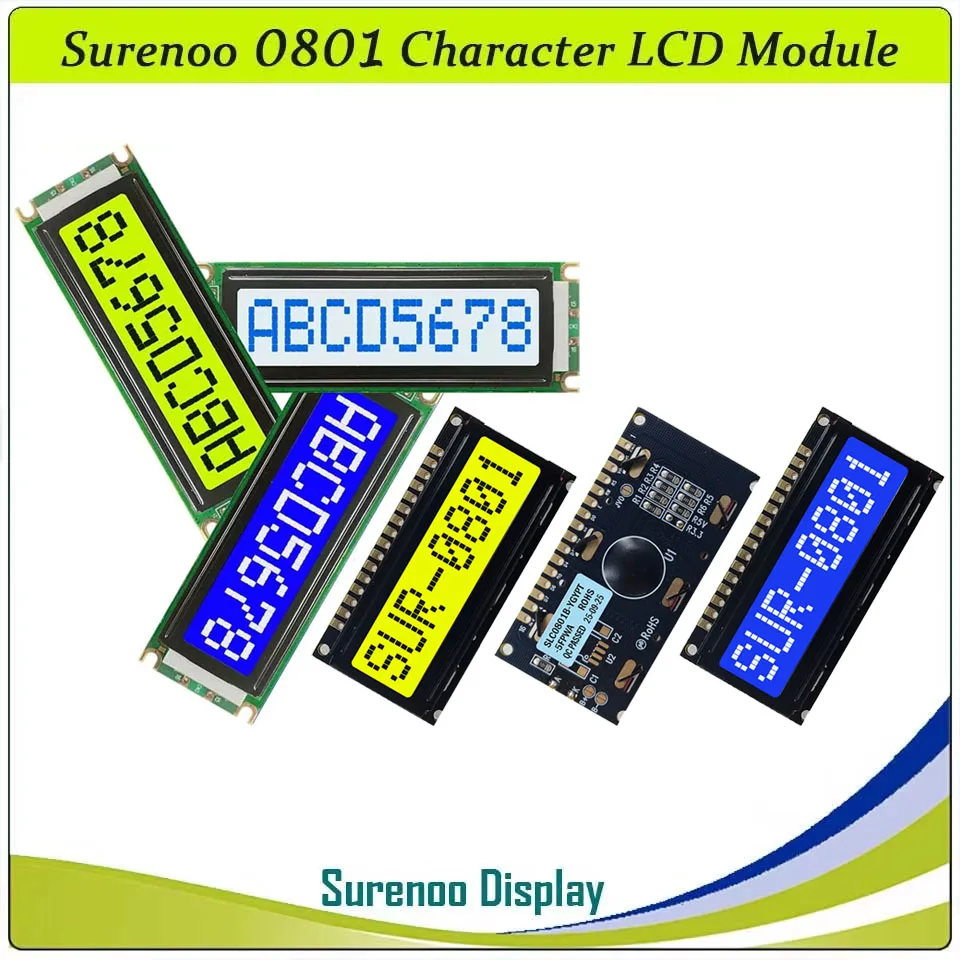 Surenoo 801 0801 8X1 znakowy moduł LCD ekran LCM podświetlenie LED AIP31066 SPLC780D KS0066 HD44780
