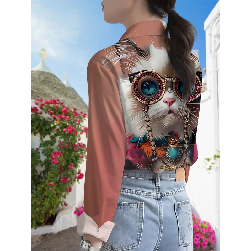 Women's Pink Cat-Themed Button- Shirt - Collar Blouse Top, Machine Washable Polyester Button-Print Blouse Button-Front view 4