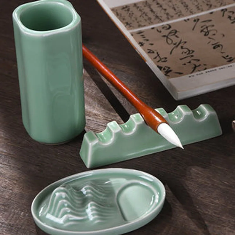 3 PCS Ceramic Water Pot Ink Well Calligraphy Brush Rack Brush Rest Office Study Stationery Pen Holder