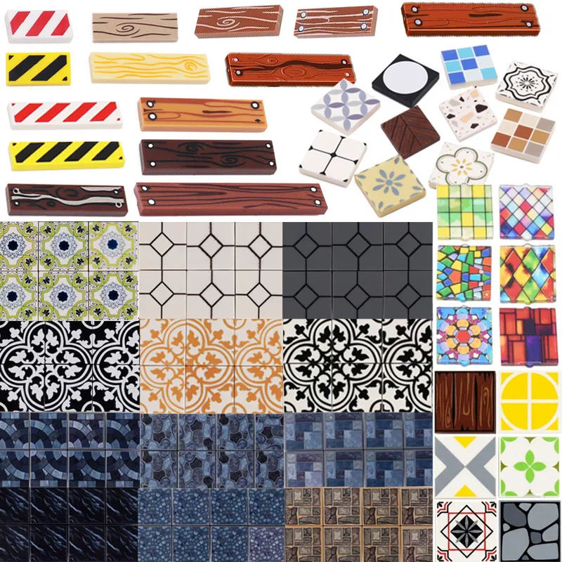MOC City – blocs de construction 2x2, carreaux de céramique imprimés, plancher en Grain de bois, vitrail, fenêtre, panneau d'avertissement de route, briques, jouets