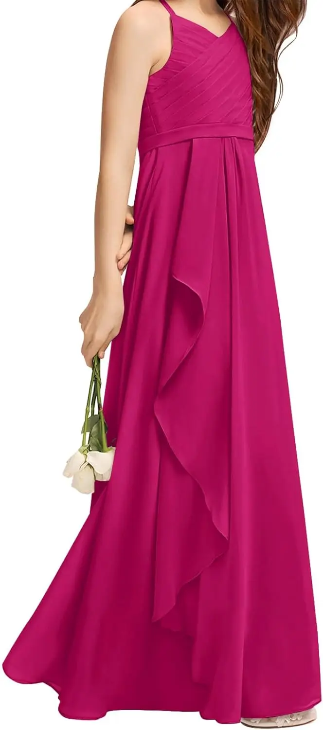 A-Linie Neckholder-Maxikleid für Mädchen, fließendes Chiffon-Blumenmädchenkleid für Junior-Brautjungfer, für Hochzeit, Party, Festzug