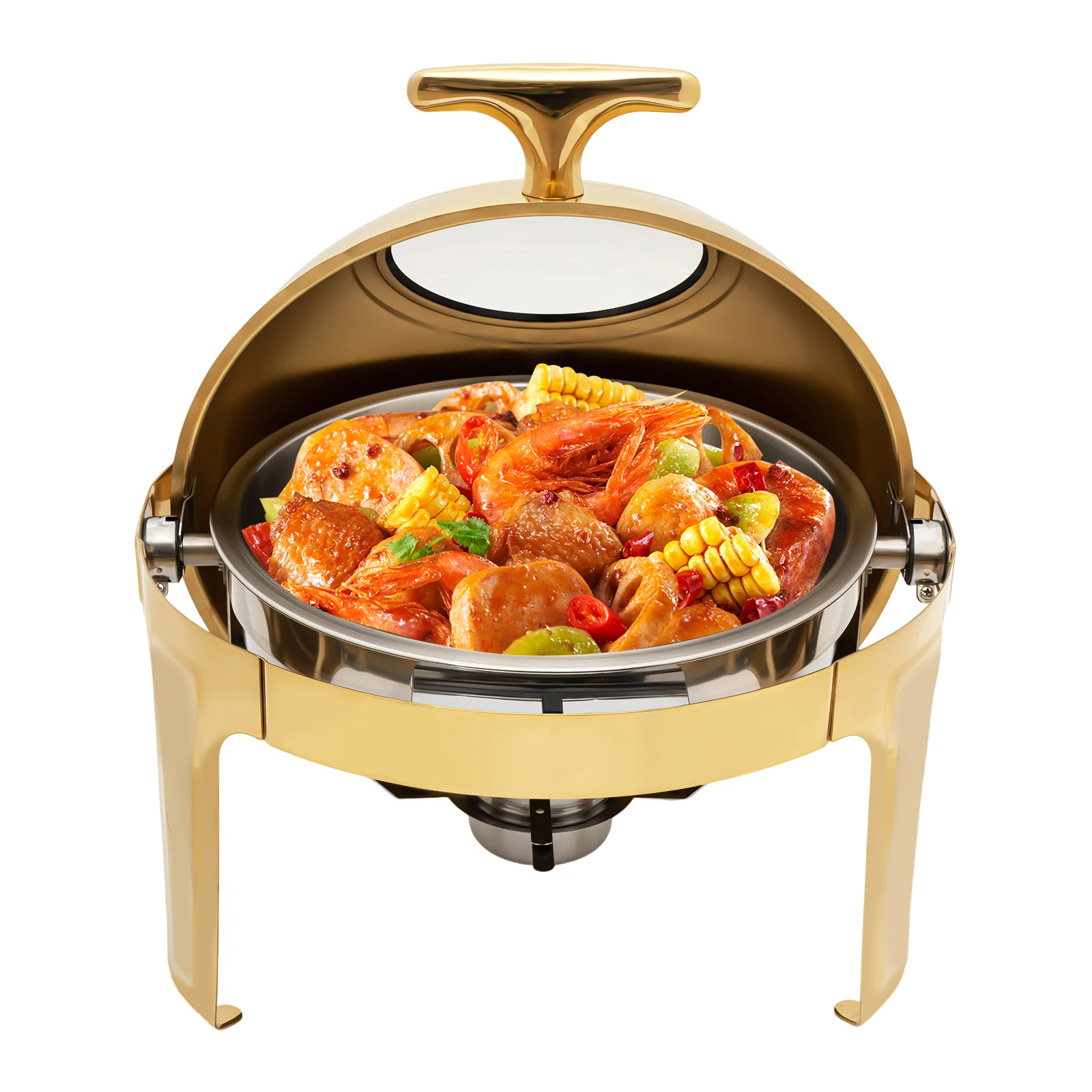

201Stainless Steel Round Chafing Dish with Clear Lid&90/180° Adjustable Opening,Heavy-Duty Food Warmer for Buffet/Wedding Events