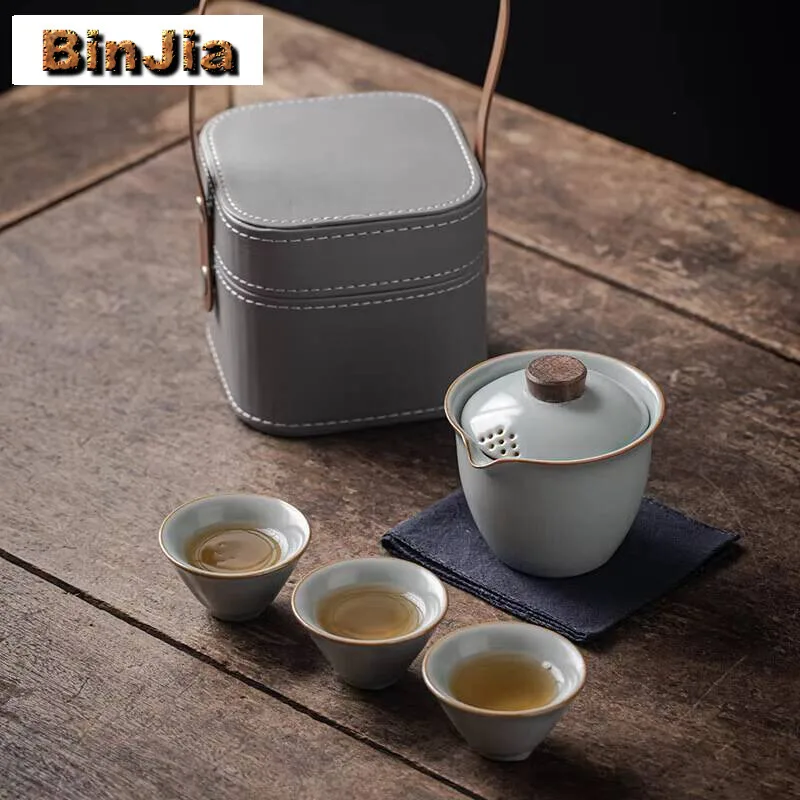 

Ru Kiln Дорожный чайный сервиз ручной работы Бытовой портативный кожаный набор для сумок Эстетический 1 горшок 3 чашки Изготовление коллекций сумок