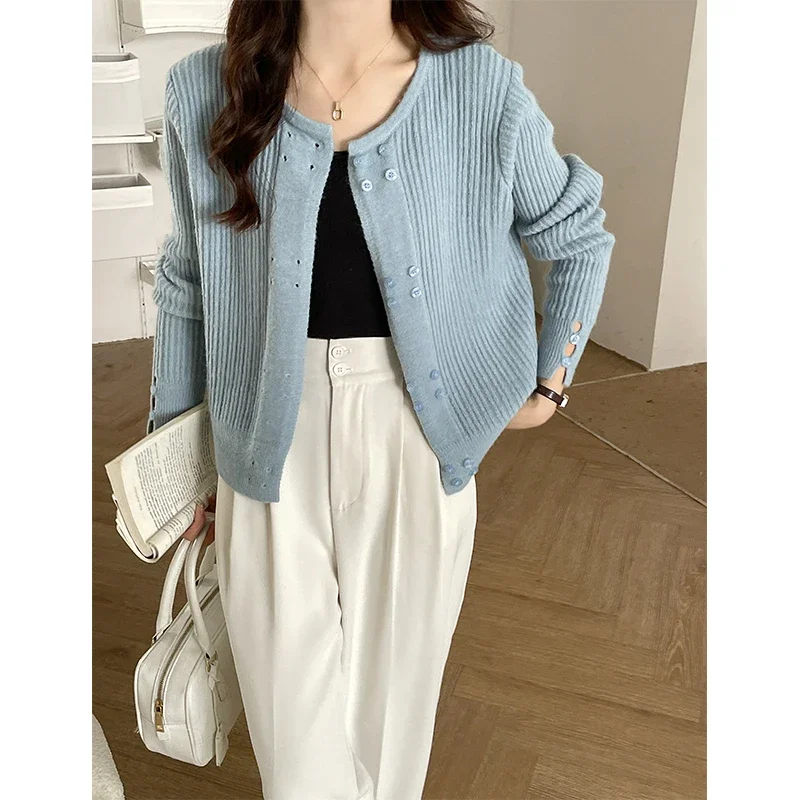 

Office Lady Button Up Knitted Cropped Cardigan Women Autumn Winter New Korean Fashion Casual Outerwear Sweater Cheap Wholesale