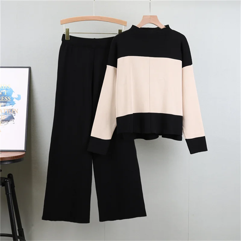 

2025 Spring Knitwears 2 Piece Sets Loose Pullover Sweater Ensemble High Waist Wide Leg Pant Suits Soft Woman Casual Conjuntos