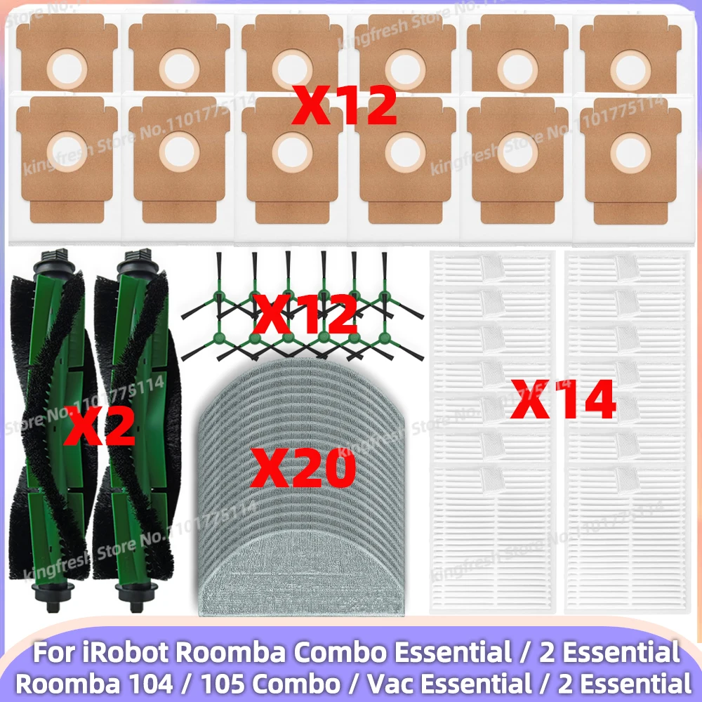 適合機種：iRobot Roomba Combo Essential / 2 Essential、Roomba Vac Essential / Vac 2 Essential, Roomba 104 / 105 Combo 部品：メインローラー、サイドブラシ、ダストバッグ、HEPAフィルター、モップクロス、アクセサリー