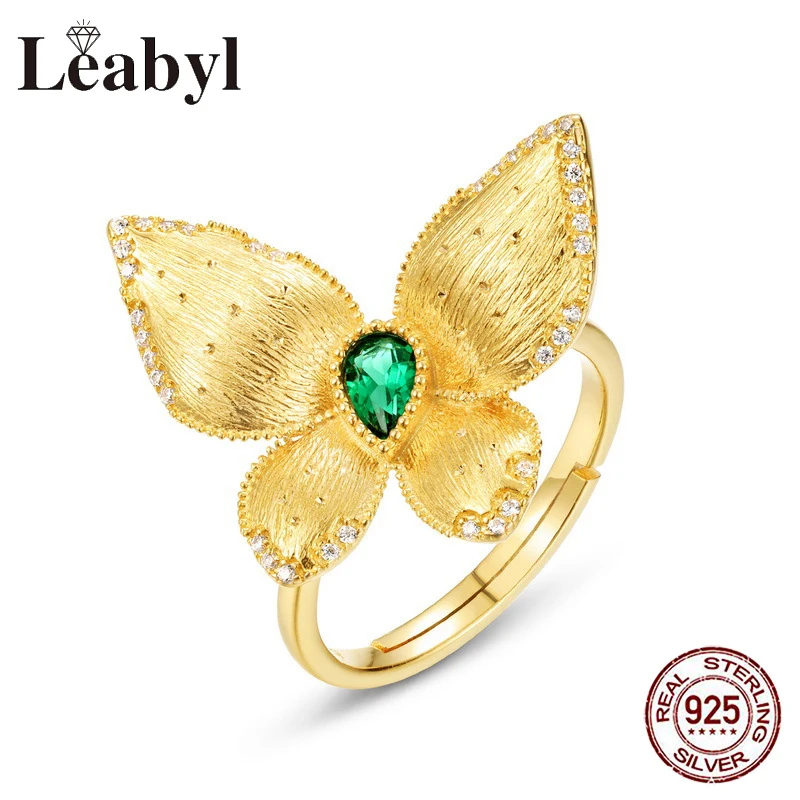

European American Trendy Artificial Turquoise Gold Plated Rings Vintage Butterfly Face S925 Silver Ring for Party Birthday Gift