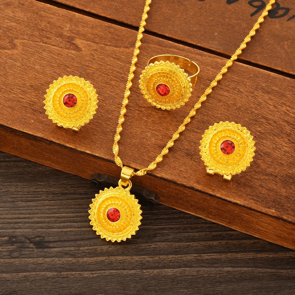 Специальное предложение золотого цвета, эфиопские комплекты ювелирных изделий, ожерелье с красным цирконом, серьги, кольцо, свадебные комплекты для невесты в Дубае, африканские подарки # ТЗ016