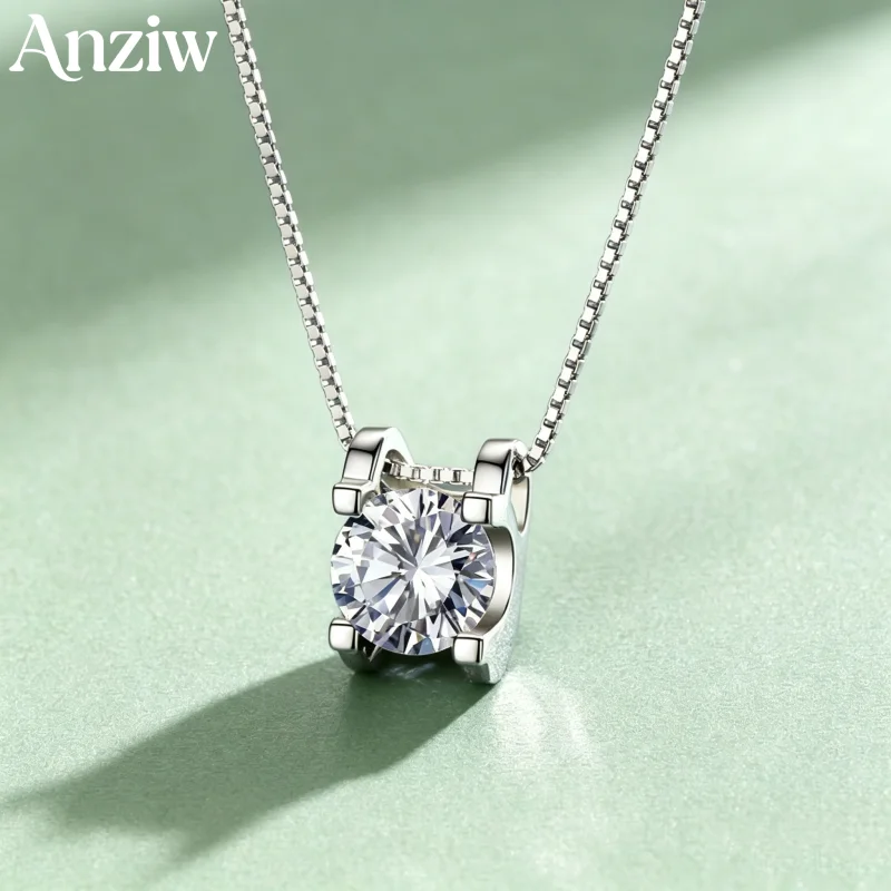 Anziw 5MM Sparking D Moissanite Pendant Necklace For Women S925 Sterling‑Silver Solitaire Neck Chain Wedding Jewelry Certified