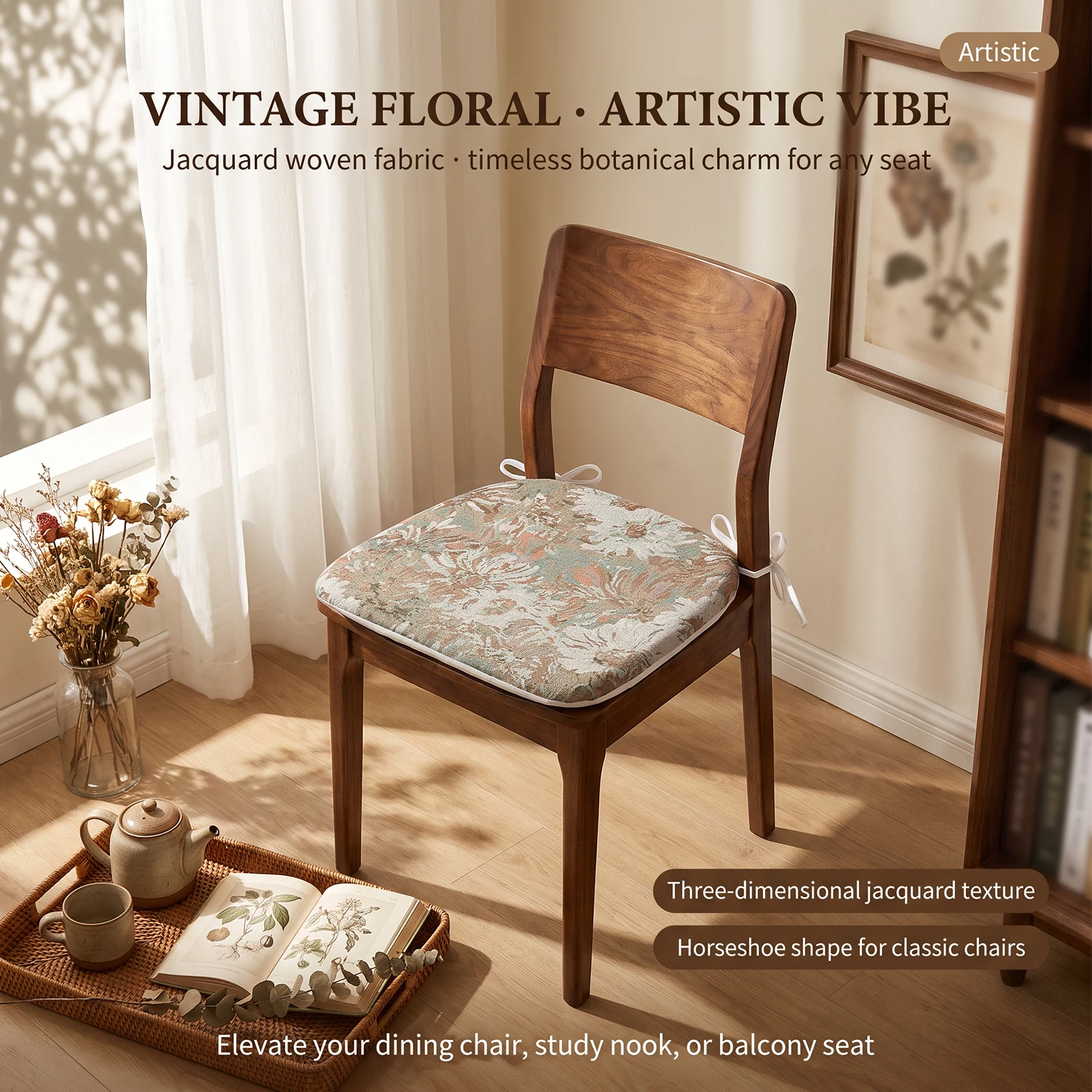 Dining Chair Cushion Vintage Floral Jacquard Chair Pad with Securing Ties Soft Filled Horseshoe-shaped Seat Cushion Home Decor