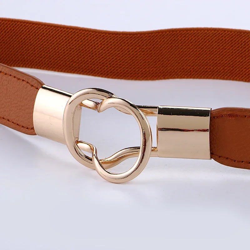 New Fashion Women\'s Belt Elastic Waistband Gold Circle Buckle Small Belts Red Thin Cummerbund Woman Belt Strap Brown