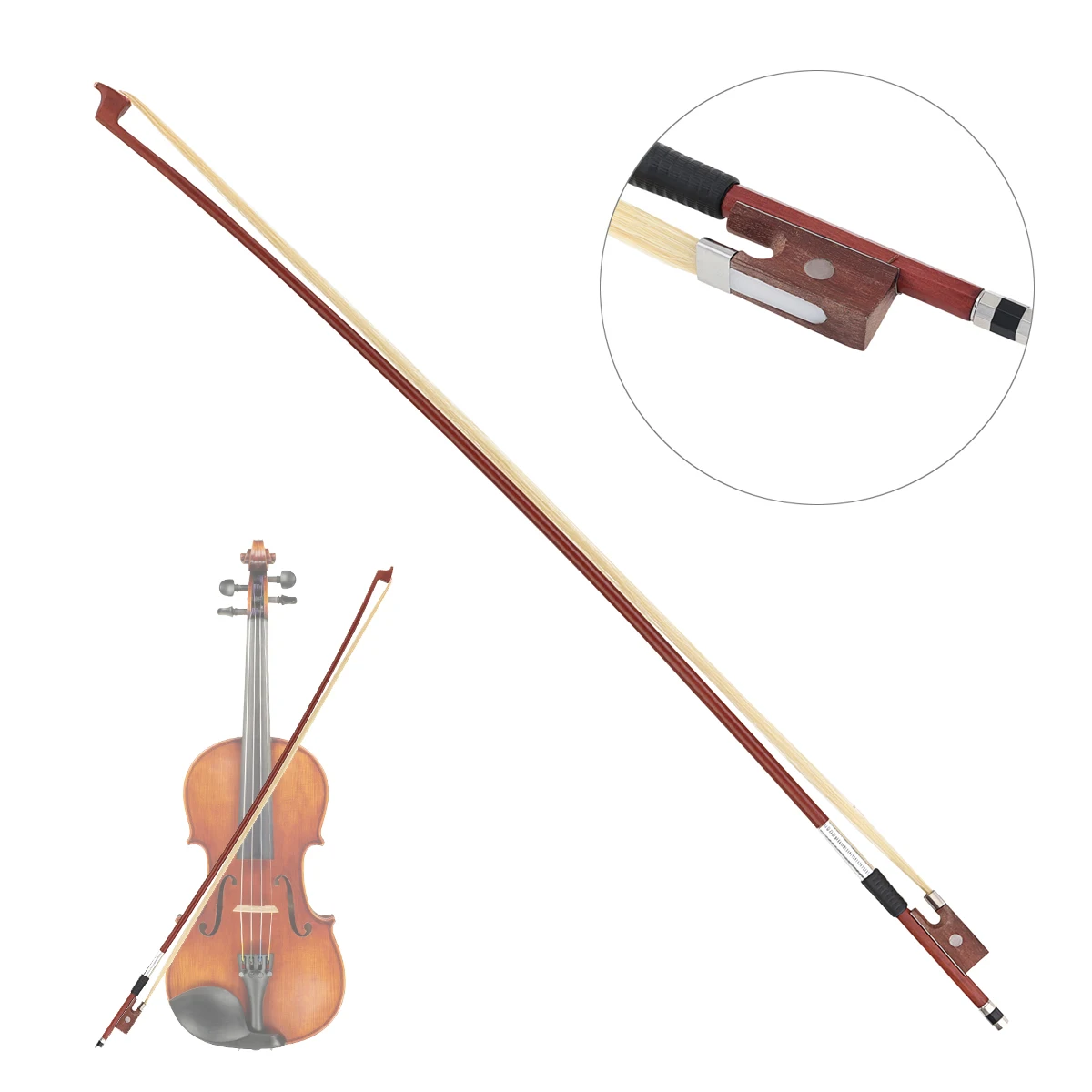 4/4 Holzstab Gummi-Bogengriff Violinbogen, Weißer Pferdehaar-Geigenbogen