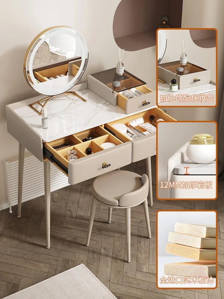 

Modern Luxury Dressing Table, Bedroom, Small Unit, Net Red Ins, Simple Cream Wind Rock Plate, Solid Wood Storage and MakeupTable