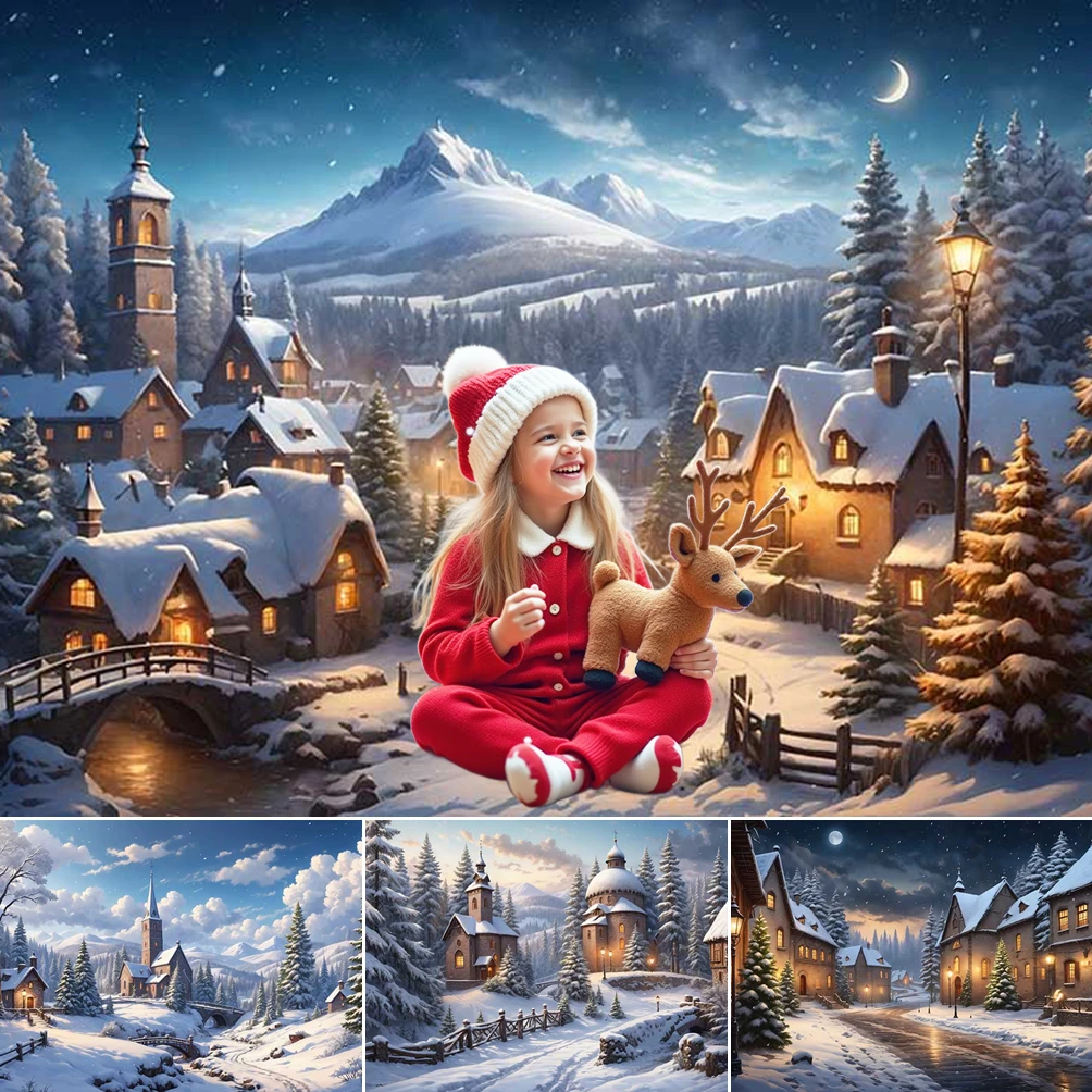 

MOON.QG 2025 Christmas Photo Background Forest Winter Town Photography Backdrop Kids Party Supplies Poster Photobooth Banner