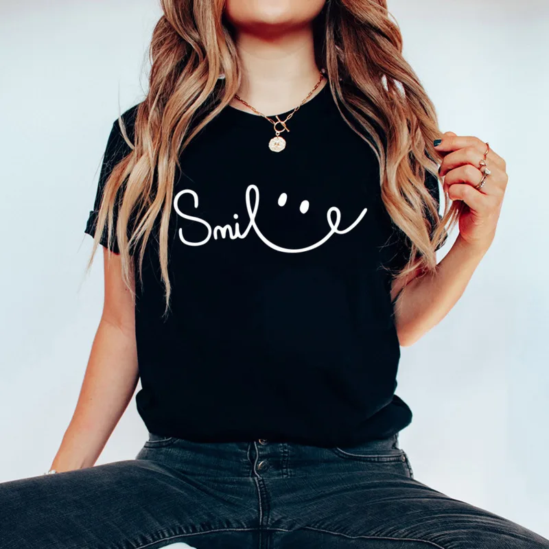 

Women's T-shirts Nylon Cotton Casual Loose O-neck Short Sleeve Smile Letter Printed Solid Tees Streetwear Style Unisex T-shirts