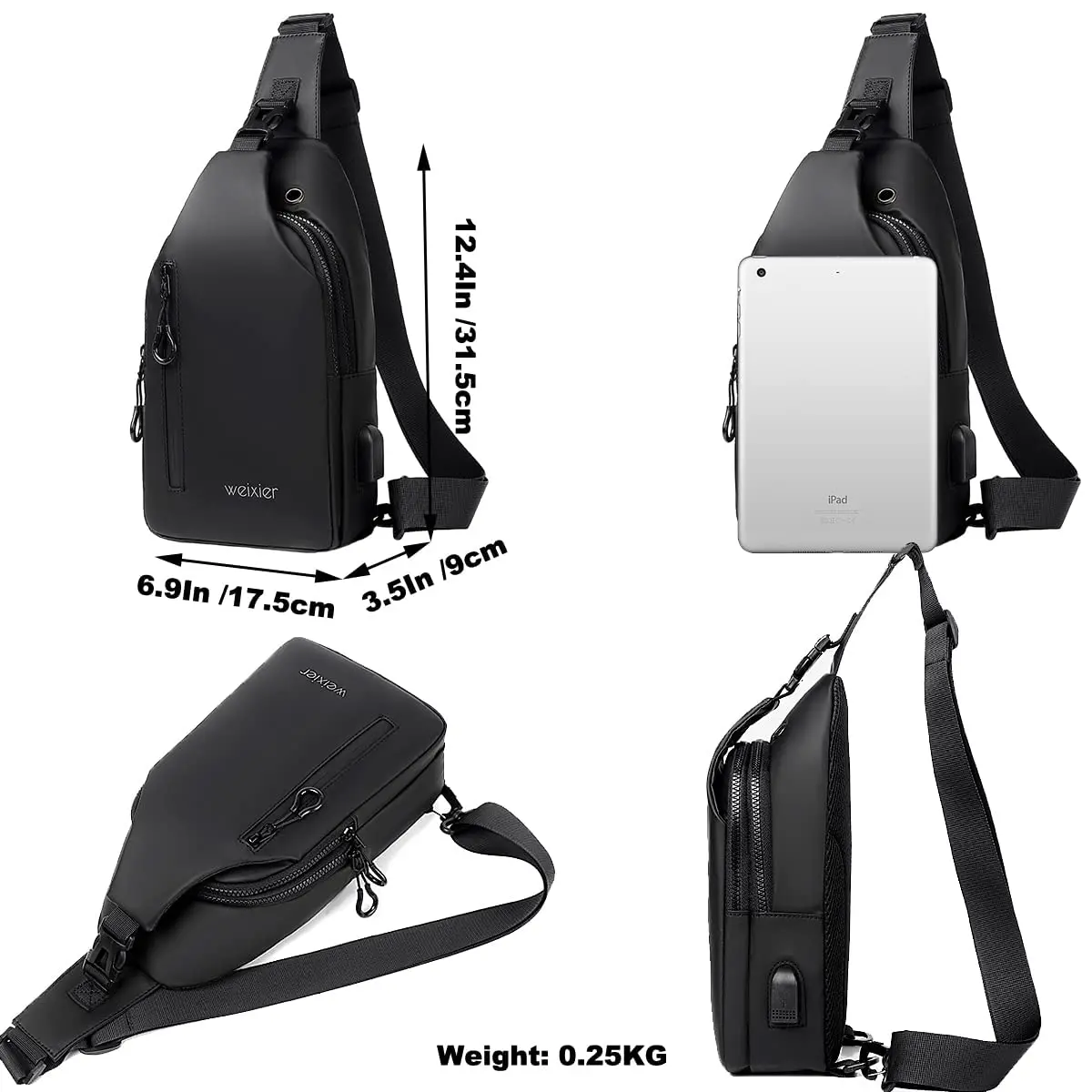 Waterdichte Sling Tassen Heren Schouder Crossbody Rugzak Met Usb Oplaadpoort & Hoofdtelefoon, Outdoor Lichtgewicht Tas