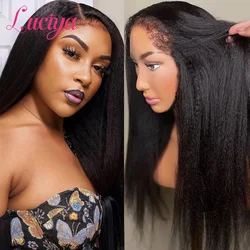 4C Edges Hairline Kinky Straight 13x4 Lace Front Wig Human Hair Transparent Yaki Straight Lace Frontal Wig  With Curly Baby Hair