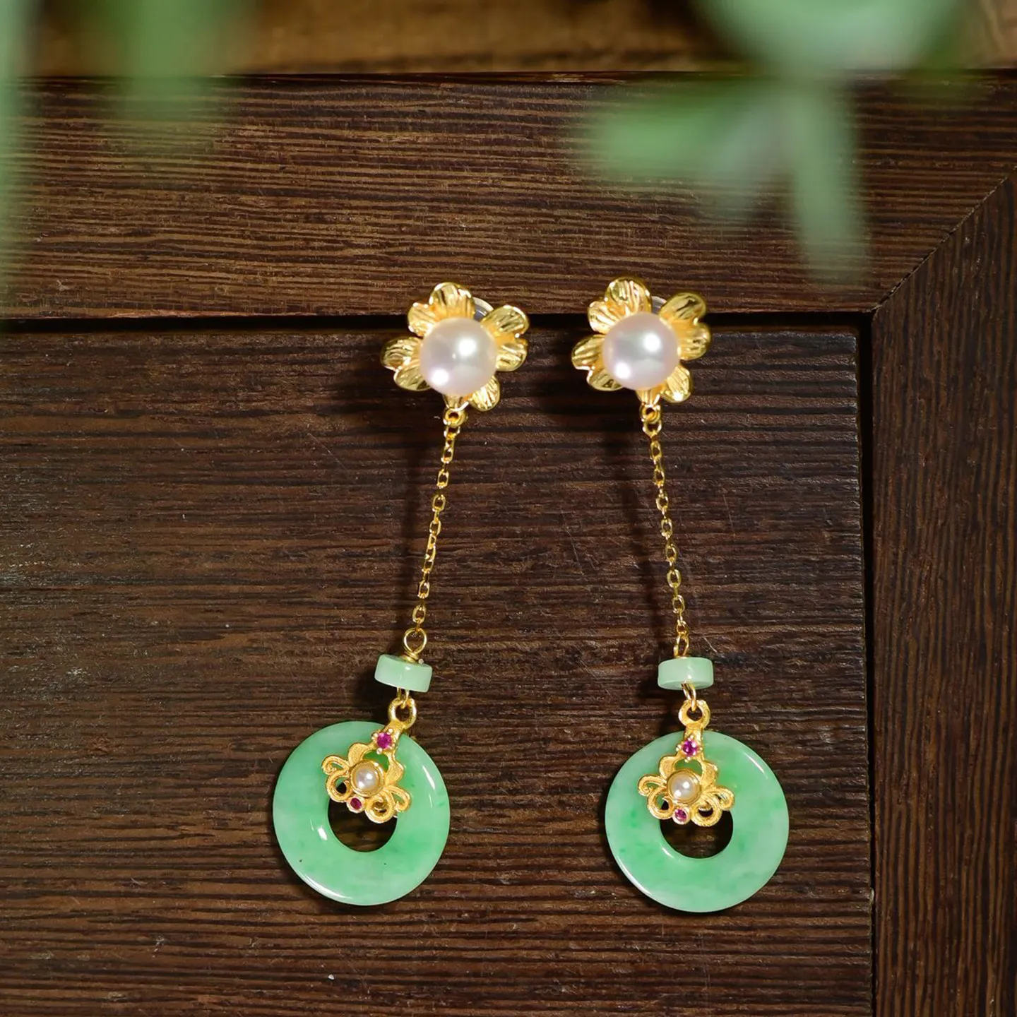 Natural A Grade Jadeite Ping An Buckle Earrings, S925 Silver Four-leaf Clover, Freshwater Pearl Long Dangle Earrings