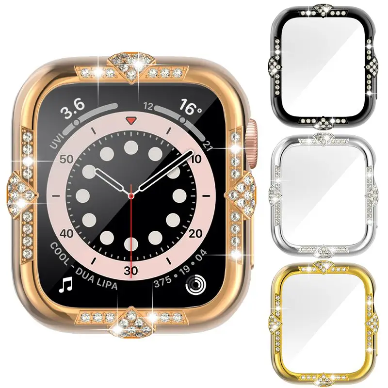 

Diamond Case with Screen Protector For Apple Watch 45 41mm 44 40mm Tempered Glass+Bling Bumper for iWatch Series 9 8 7 6 5 4 SE