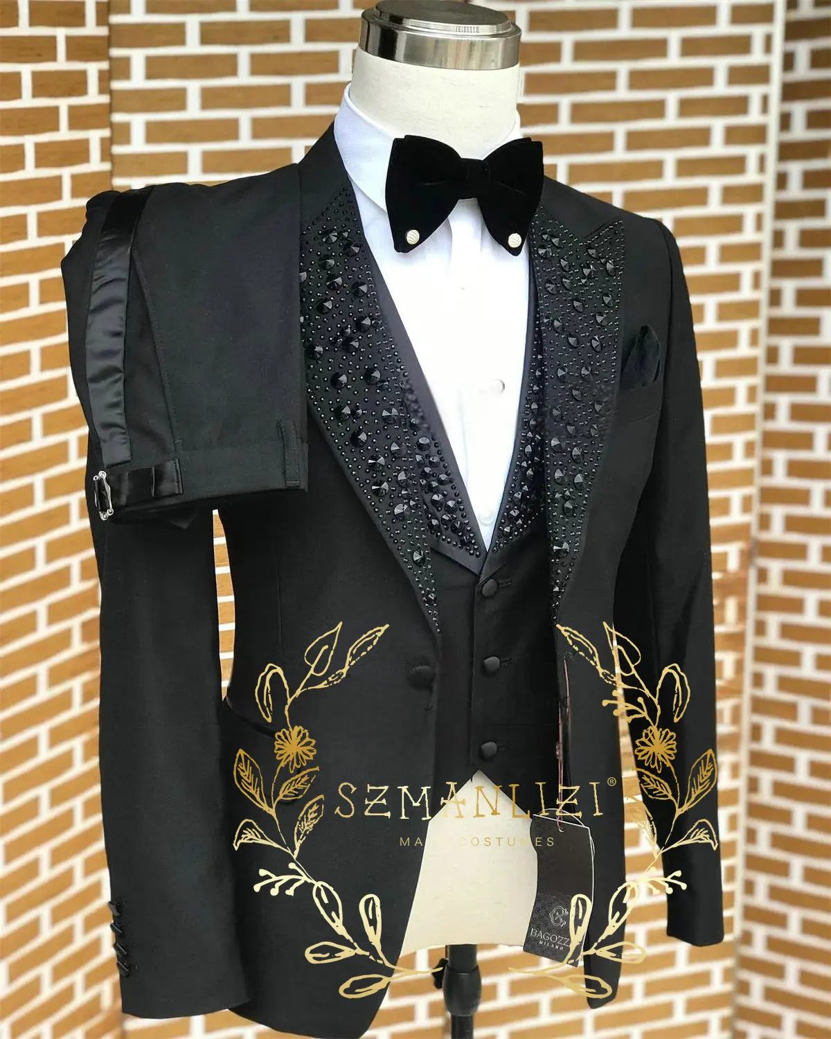 Classic Suits for Boys Black Crystals 3-Piece Fashion Stylish Boy's Tuxedo Formal For Party Outfit For Kids Blazer Vest Pant