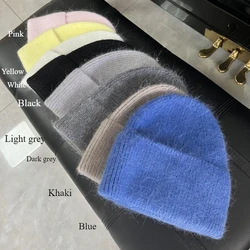 Fashion Warm Skullies Angola Rabbit Fur Winter Knitted Beanies Women Cap Female Ski Outdoor Warm Cashmere Wool Hats wholesale