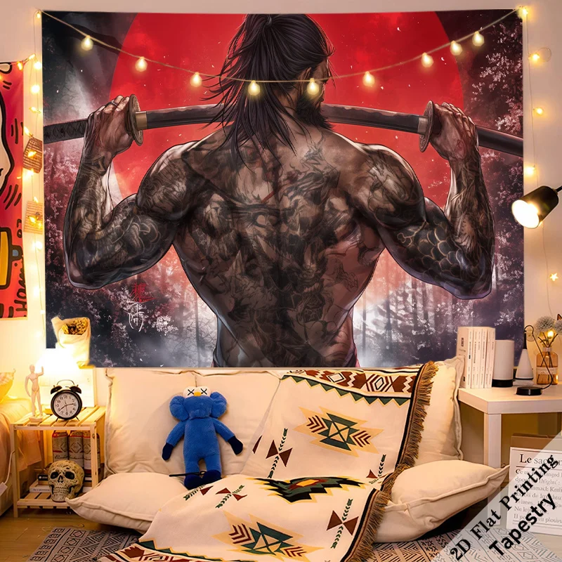 Ultra Large Tapestry Wall Decor Tattoo Man Back Mural Art Poster Warrior Print Muscle Gym Decor 180x280cm