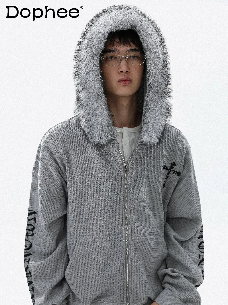 

American Style Y2K Subculture Gothic Embroidered Fur Collar Cardigan Sweatshirt Youth Trendy Hooded Winter Coat Couple Matching