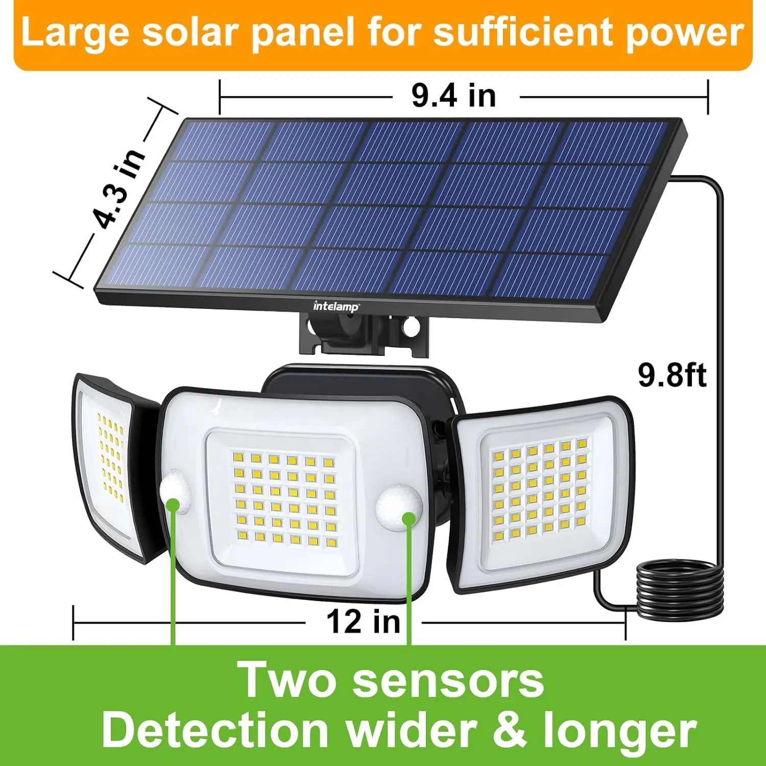 intelamp 6000mah Outdoor Solar Lights 3 Heads Two Motion Sensors Waterproof Bright Wall Street Lamp For Garden Yard Path Garage