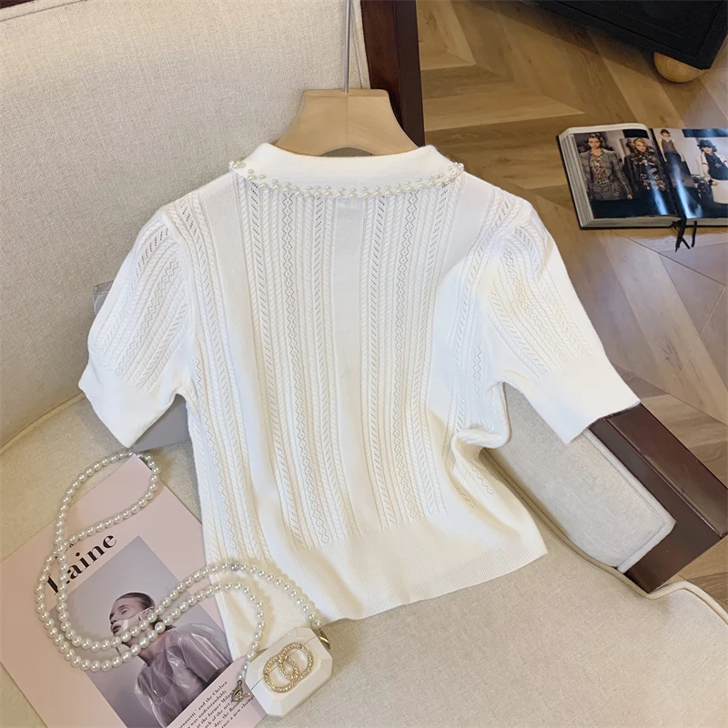 Pearl Beaded Sweater Women Knit T-shirt Pullover 2024 Summer Korean Fashion Elegant Ladies Tees Tops Short Sleeve Stylish Jumper