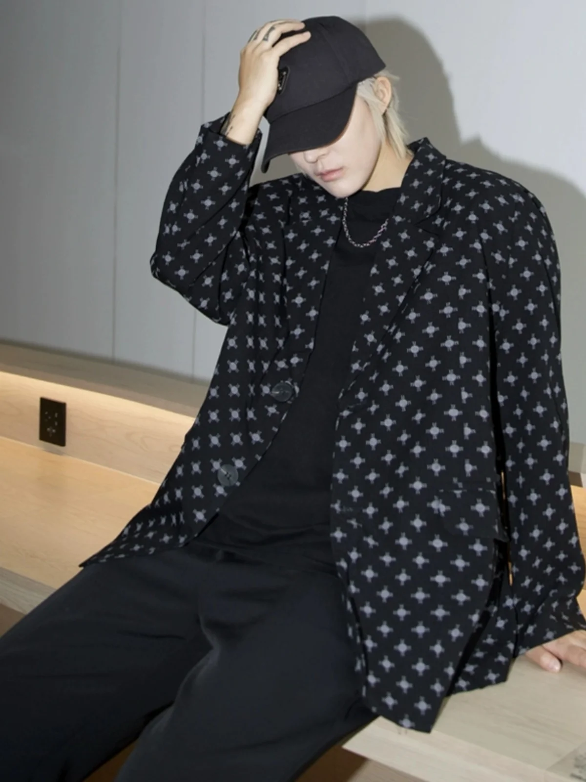 

Street Sle Loose Fit Bla Suit Jaet Men's Faion Versatile Printed Design Long Sve Casual Youth ular Outerwear