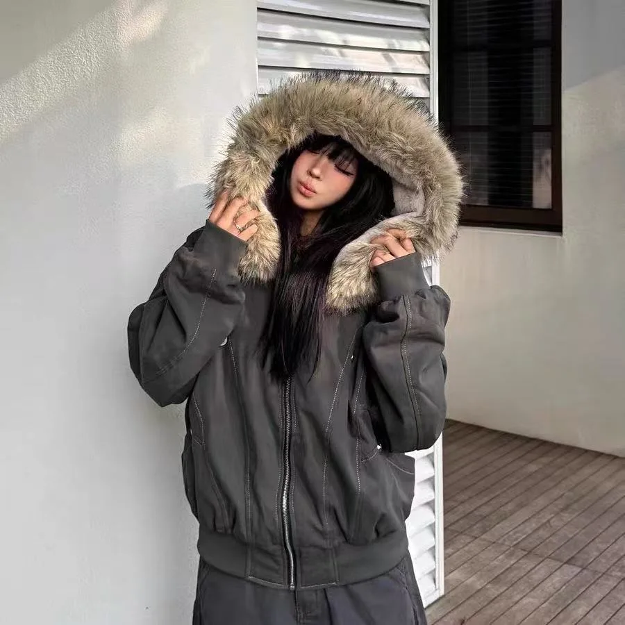 American Retro Fur Collar Jacket Winter Thickened Hooded Cotton Design Short Style Campus Windbreaker Women's Fashion Coat
