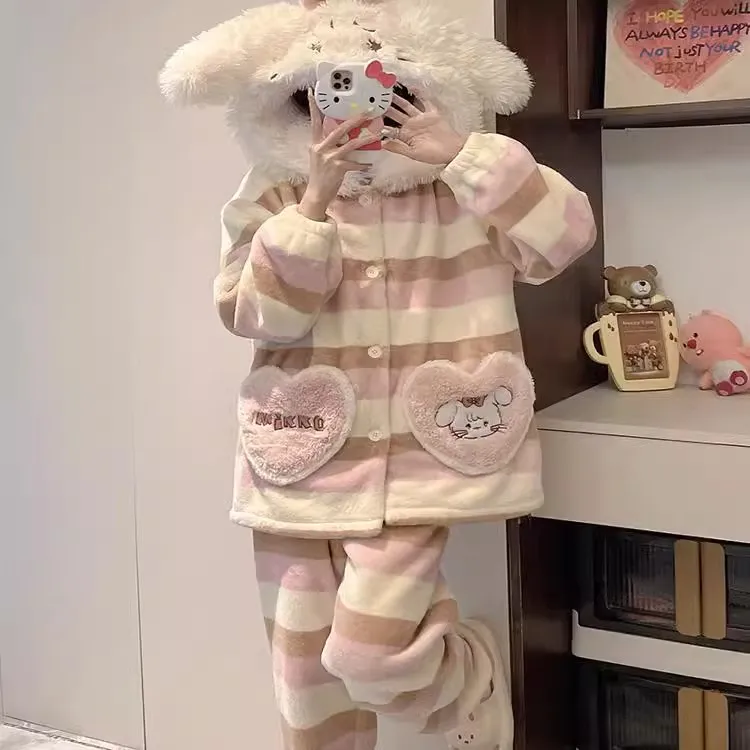 Kawaii New Miniso Mikko Pajamas Coral Fleece Cute Stripe Keep Warm Robe Autumn Winter Thickening Large Size Hooded Nightgown