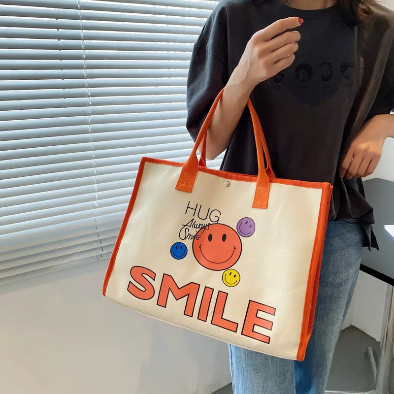 Casual Canvas Bag Cute Smile Handbag Large Capacity Handle Bag Shopping Women Tote Bag Fashion Simple Shoulder Bag Environmental