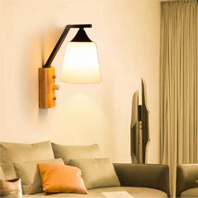 Nordic Simple Wooden Wall Lamp Modern Lighting LED E27 Glass Wall Sconces for Bedroom Bedside Living Room Home Decoration