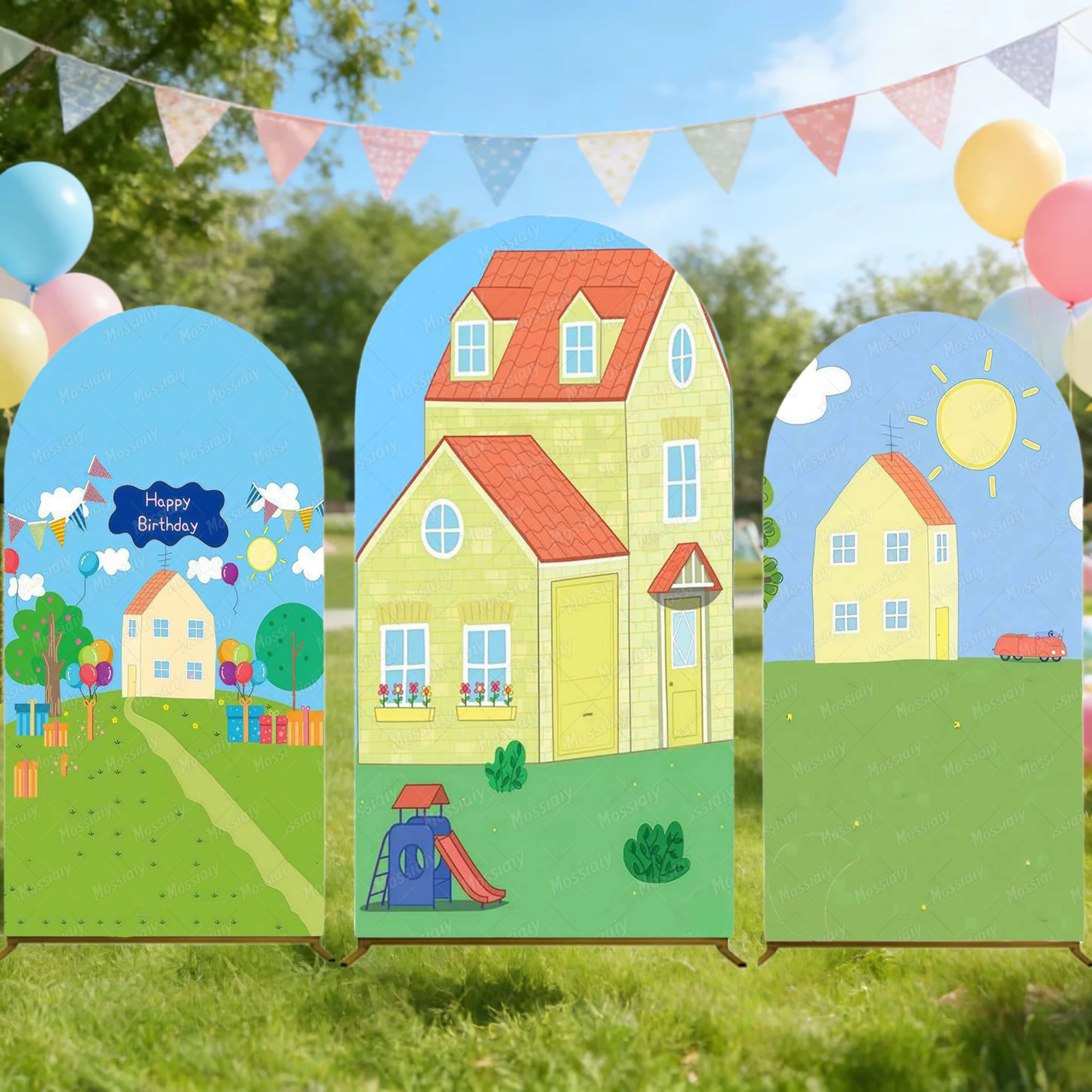 Fondo de Fotografía con Arco de Casa de Algodón, Nubes y Sol, Casa de Cerdito, Decoración para Baby Shower, Fiesta de Cumpleaños, Photobooth