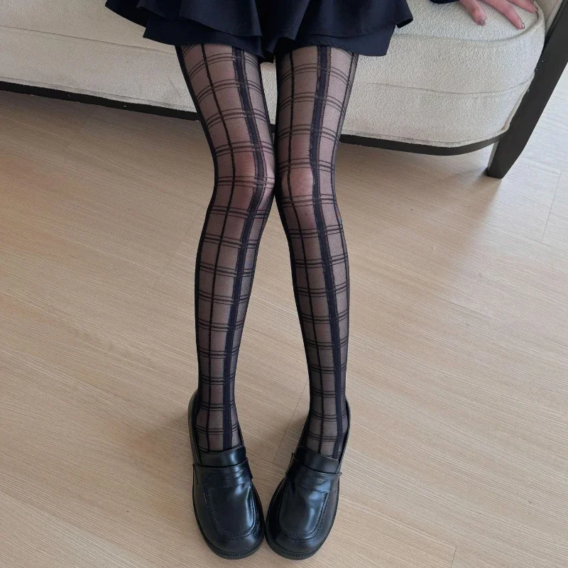 JK Girls Tights Pantyhose Black Plaid Pattern Thigh High Stockings Tights Women Sexy Lingerie Y2k Body Stockings Tight Pantyhose