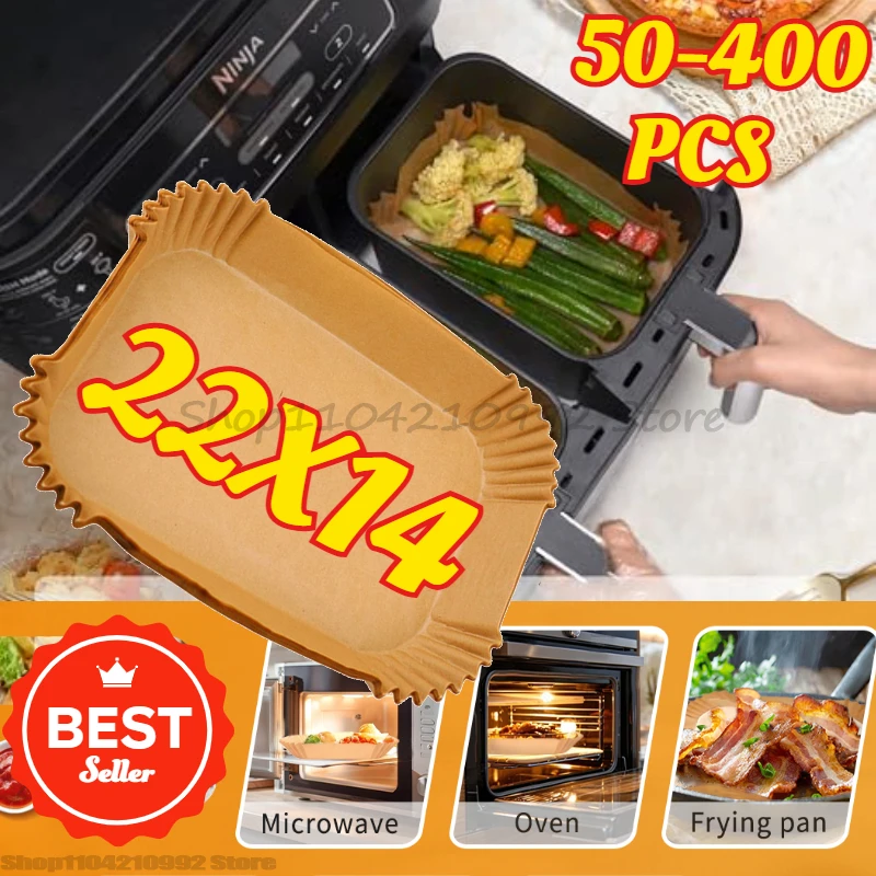 Kitchen Baking Essentials - 使い捨てエアフライヤーライナー、ノンスティックパーチメントペーパー、長方形ブラウン、耐熱、ベーキングや揚げ物用、キッチン必需品