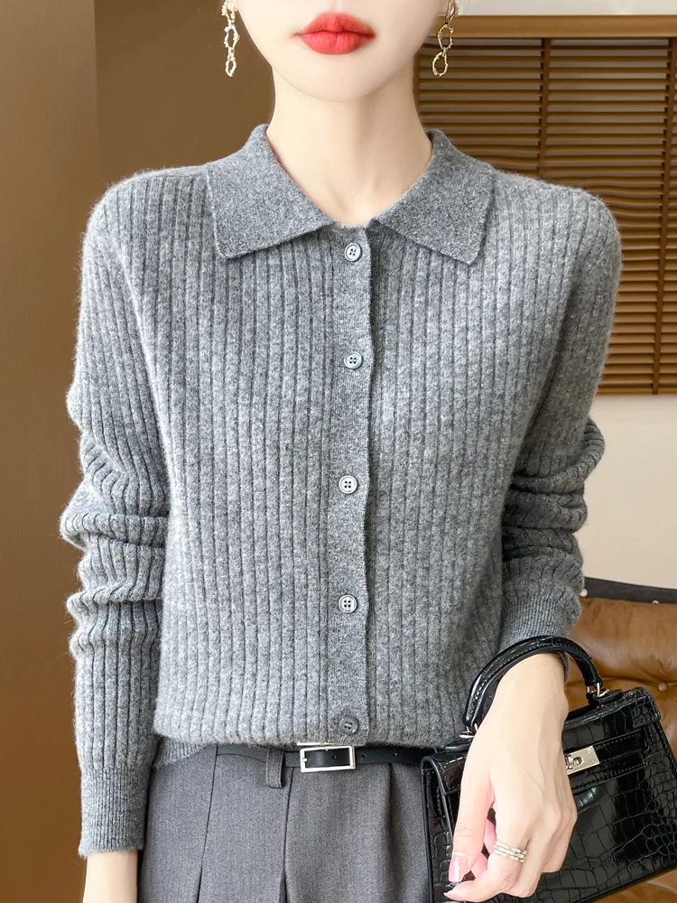 

2024 Fashion Women Turn Down Collar Cardigan Autumn Winter Office Lady Grace Style Cashmere Sweater 100% Merino Wool Knitwear