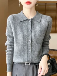 2024 Fashion Women Turn Down Collar Cardigan Autumn Winter Office Lady Grace Style Cashmere Sweater 100% Merino Wool Knitwear