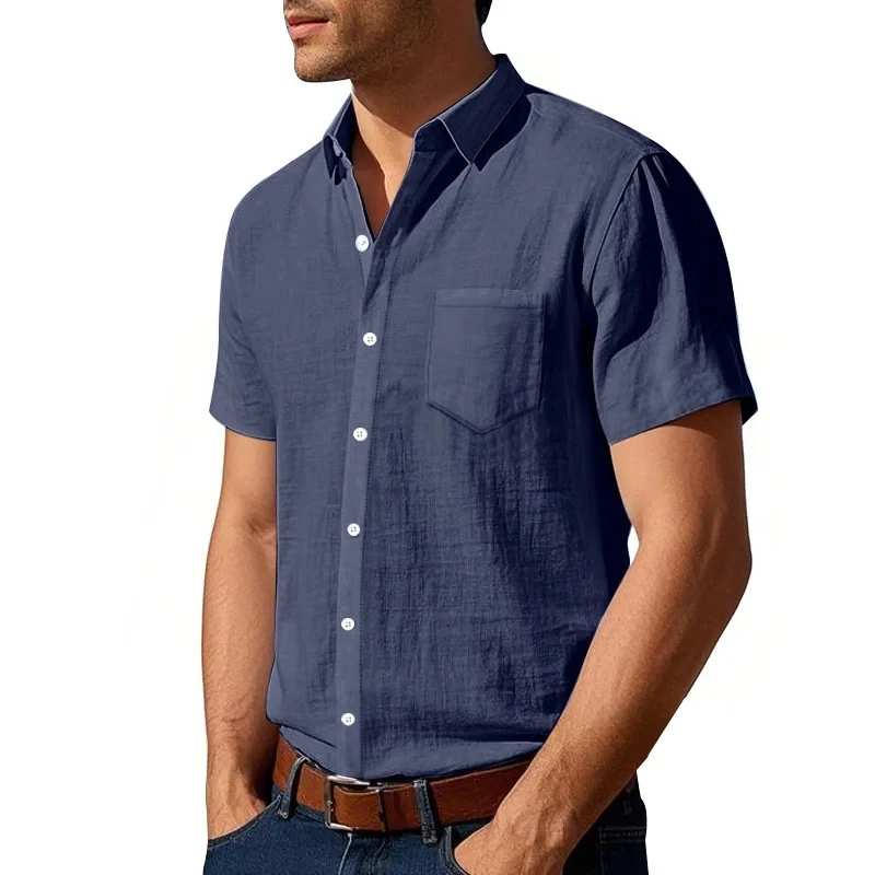 

2026 Summer Man retro style Shirts Men's pure color Casual Lapel Pocket Linen Short Sleeve Shirt Men sandbeach short tees